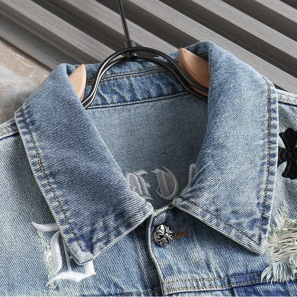 Chrome Hearts Distressed Denim Jacket with Embroidery